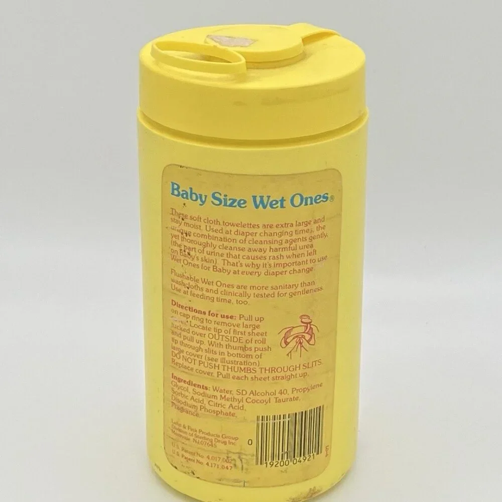 Vintage 80s Wet Ones Baby Size Towelettes Canister Retro Yellow Advertising